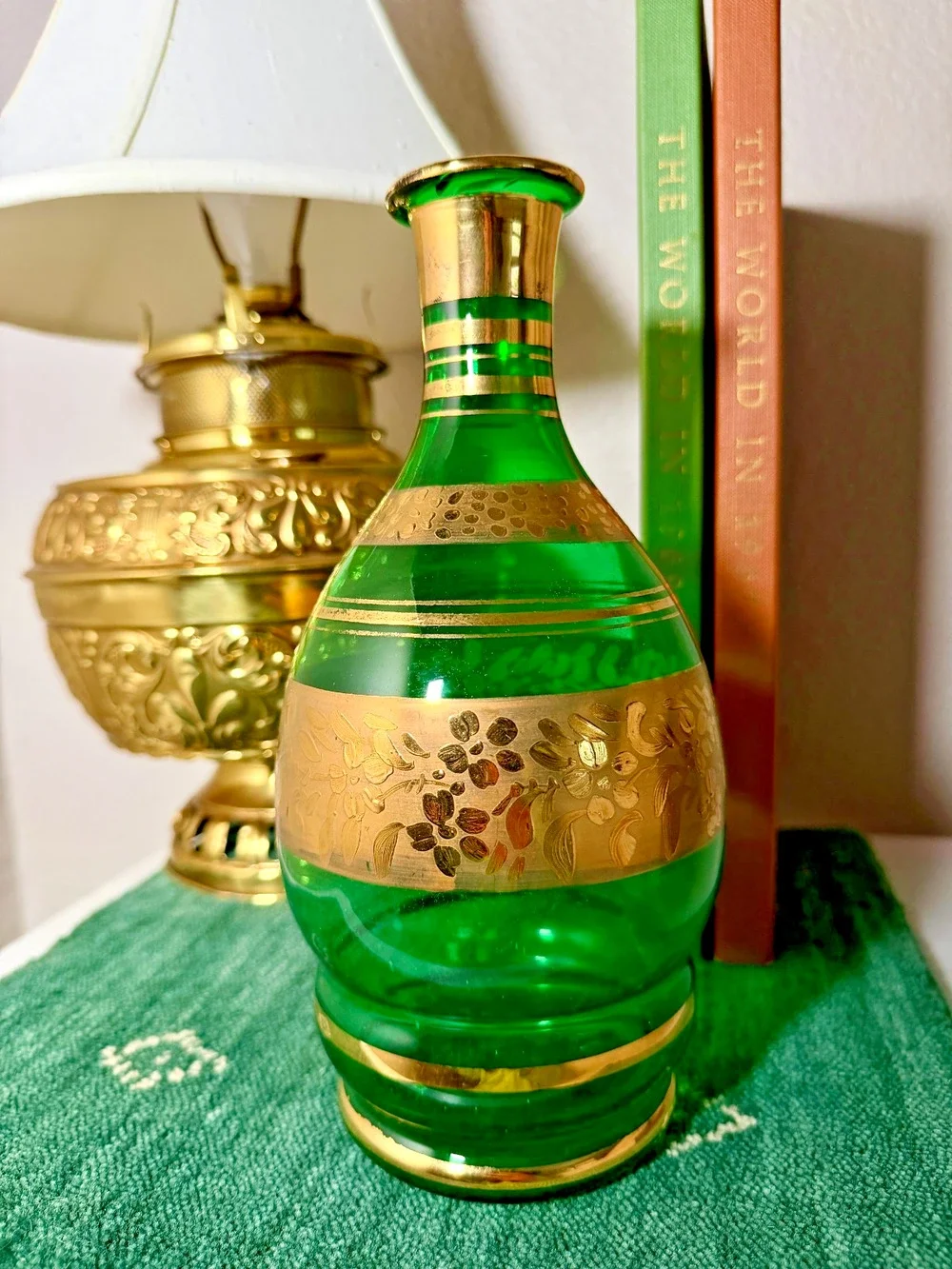Vintage Emerald Green Glass Vase Gold Gilt Floral Decor 9.5